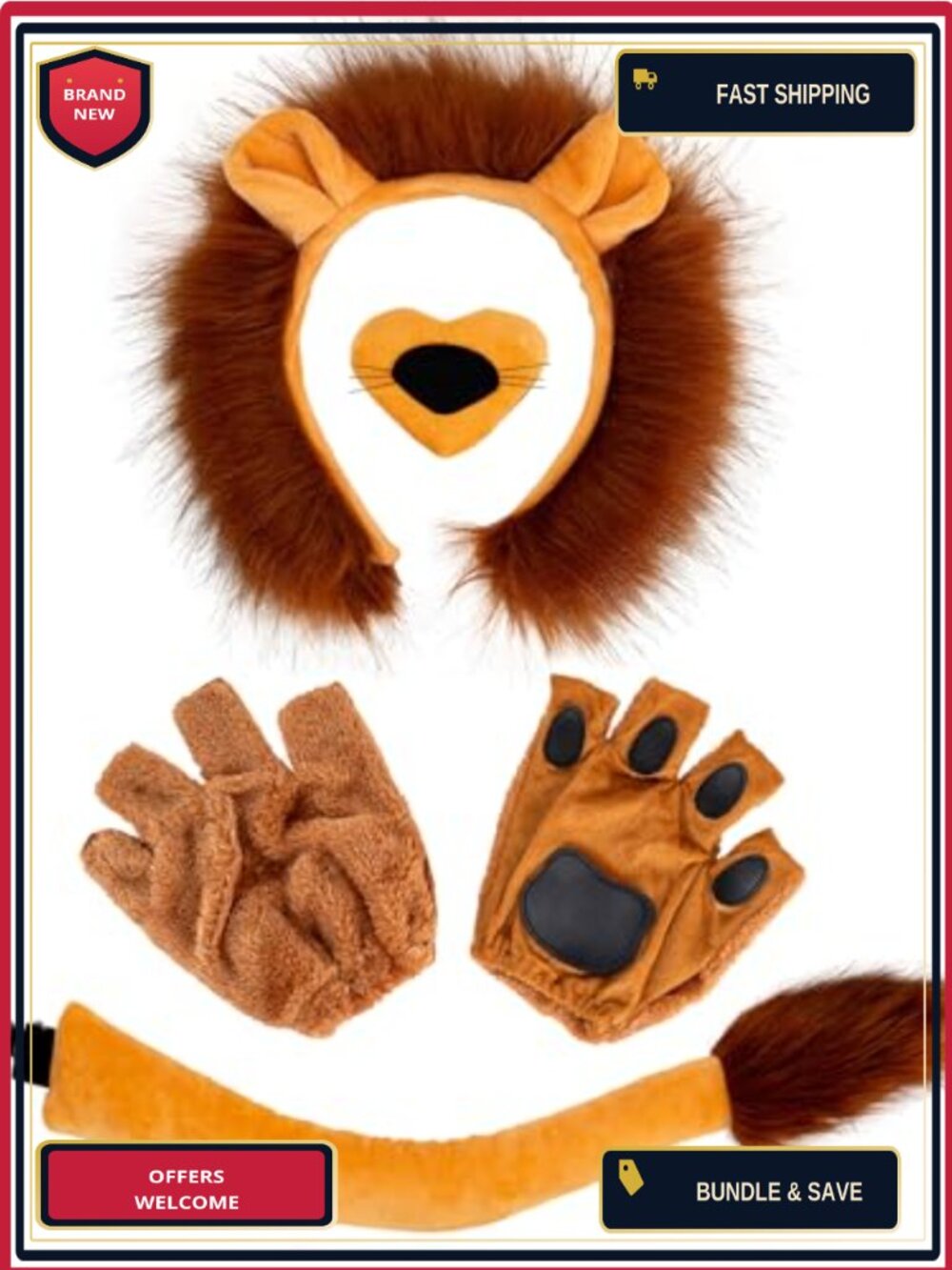 Lion Costume Accessory Set Ears Headband Tail Paw Gloves Nose Halloween Cosplay